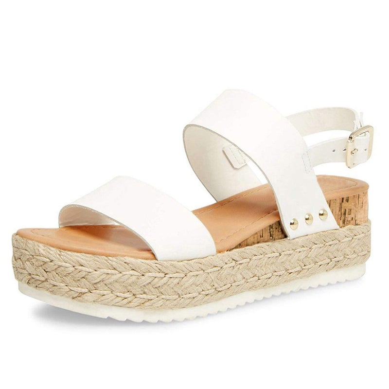 Athlefit Women's Espadrilles Platform Wedge Sandals Casual Open Toe Ankle Strap Buckle Summer Sandals, White, Size 9, AD00502 - Image 1